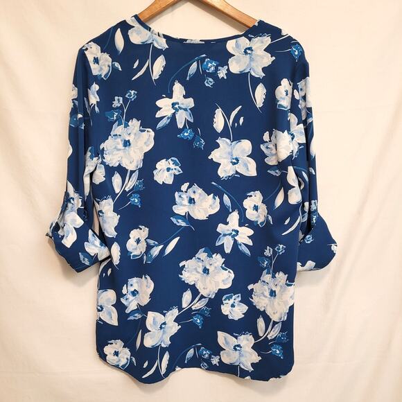 41 Hawthorn Blue White Floral Blouse Size Med Polyester Roll Sleeve Work Top - Picture 3 of 8